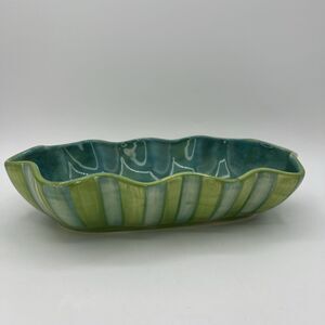 Gail Pittman Provence 11" Ruffled Serving Bowl Dish Green Bands Stripe